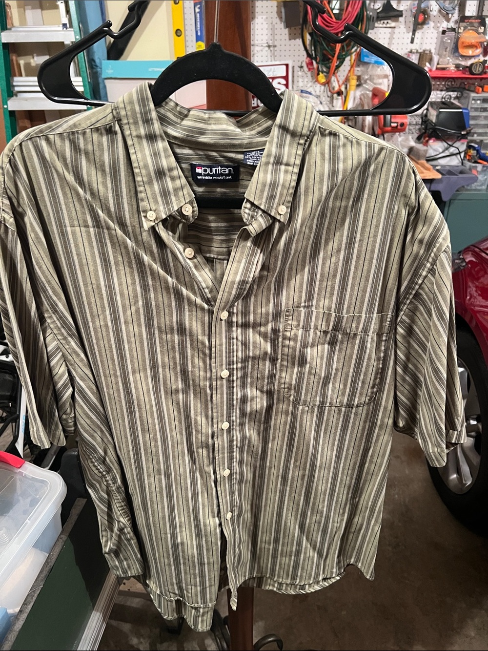 Puritan Olive and Cream Vertical Stripe Short-Sleeve Button-Down Shirt